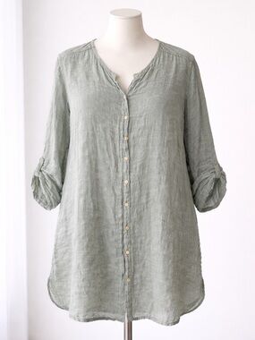 Tahari 100% Linen Sage Green Longline Button-Down Tunic Shirt